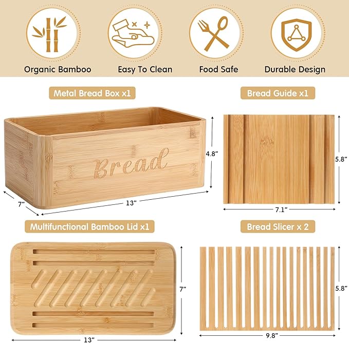 Bread Box with Bread Slicer Storage Container for Kitchen Countertop Food Storage with Multifunction Bamboo Lid, 3 in 1 Breadbox Removable Cut Board for Loaf Slicing (Wood Color,Wooden, Bamboo)