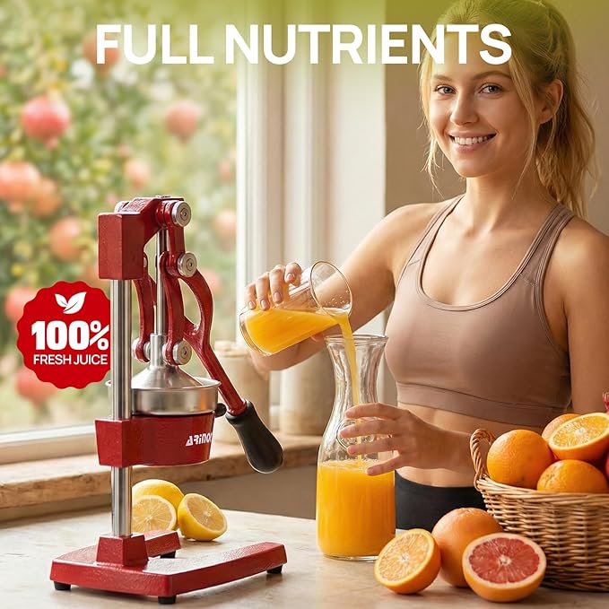 Kitchen Cast Iron Citrus Juicer,Manual Hand Press Orange Juicer,Heavy Duty Countertop Squeezer for Lemon,Orange, Easy to Use & Clean（Red)