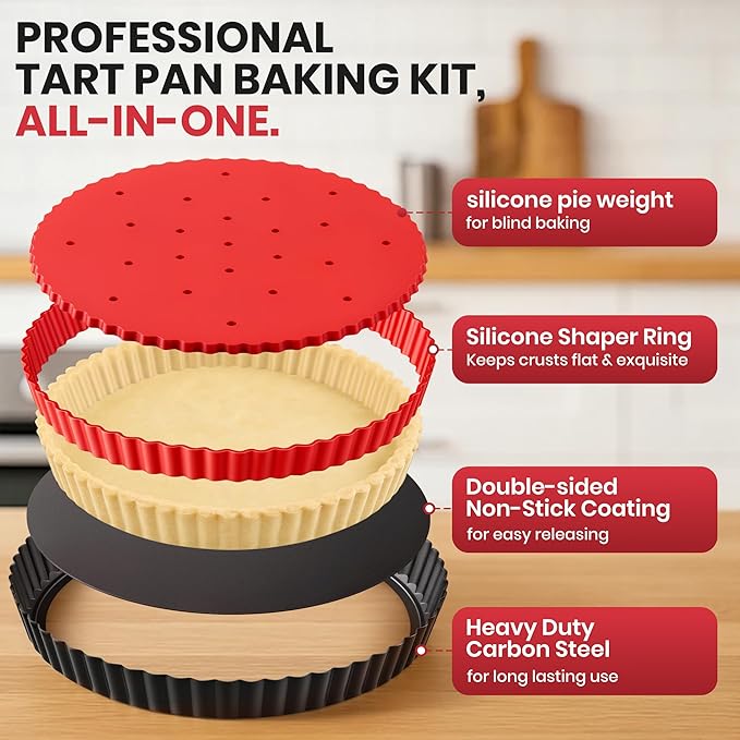 Tart Pan Kit,9 Inch Tart Pans with Removable Bottom,Non-stick Fluted Quiche Pan with Silicone Crust Shaper,Pie Weights,Brush,Sponges,Quiche Baking Dish Tart Molds For Baking Fruit Tarts,Pies & Quiches