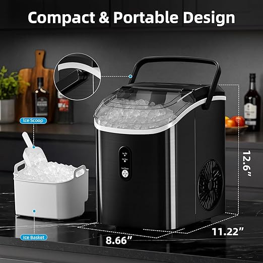 Antarctic Star Nugget Ice Maker Countertop, 34Lbs/24H, Soft Chewable Ice, Self-Cleaning, Portable Ice Machine, Fast Making in 8 Mins, Ice Basket & Scoop, Stainless Steel Black