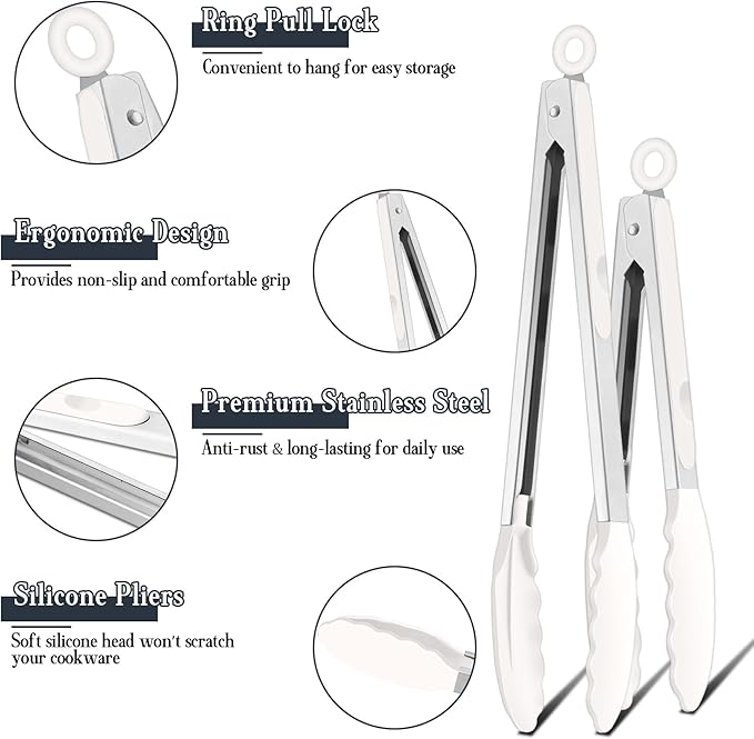 TeamFar Kitchen Tongs, 9" and 12" Stainless Steel Cooking Tongs with Silicone Tips for Cooking Grilling Serving & BBQ, Heat Resistant Silicone Tongs, Locking Design & Dishwasher Safe, Set of 2 & White