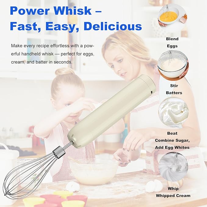 Cordless Hand Mixer MixgoII, Handheld Mixer Electric Whisk & Milk Frother, Hand Held Mini Mixers, Rechargeable Hand Mixer and Whisker, Food Processor for Cooking, Food Chopper, 4-Speed, 10Oz