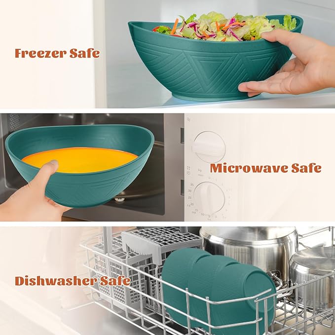 Homienly Salad Bowls 6 PCS Wheat Straw Bowls - 60oz Large Serving Bowl - Microwave and Dishwasher Safe Centerpiece Bowl Big Soup Bowl for Kitchen, Camping, Picnic, Party, Popcorn Bowl Set - Green