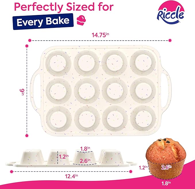 RICCLE Silicone Muffin Pans for Baking with Metal Reinforced Frame, 12-Cup Cupcake Pan, 2 Pcs Muffin Trays for Cupcake Baking, Tray Molds, Oven & Dishwasher Safe, BPA-Free (2 x Regular)
