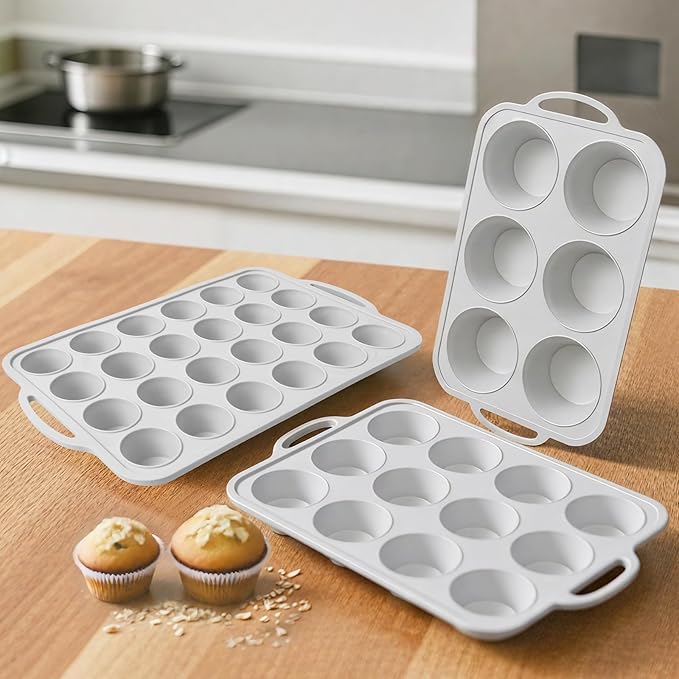 3Pcs Silicone Muffin Pan 6, 12 and 24 Cup with Metal Frame, Non Stick Jumbo Cupcake Pan with Handles, BPA Free Silicon Mini Muffin Tin Regular Tray For Baking,Egg Bites,Mold Light Grey