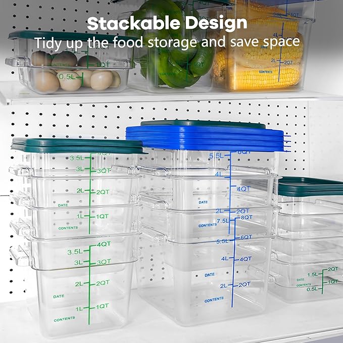 4 Pack Food Storage Containers with Blue Lids, 6.0 Qt - Square, Clear, Polycarbonate