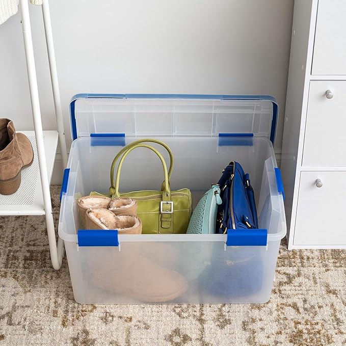 IRIS USA 60 Quart WEATHERPRO Plastic Storage Box with Durable Lid and Seal and Secure Latching Buckles, 3 Pack, Weathertight, Keep Pest Dust and Moisture Out, for Oversized Bulky Items, Clear/Blue