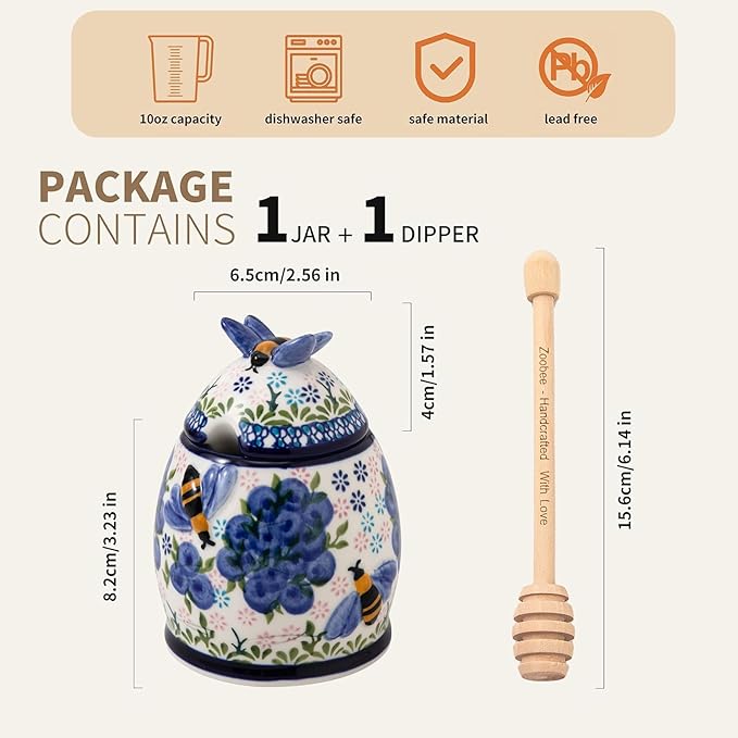 ZOOBEE 10oz Ceramic Honey Jar with Dipper and Lid,Handpainted Honey Pot with Natural Design, Small Portable Honey Container for Kitchen, Picnic-Blueberry Breeze