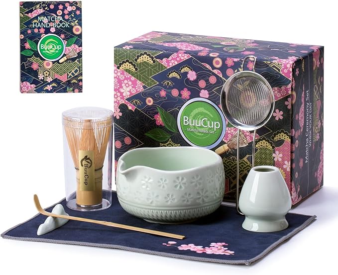 Buucup Matcha Whisk Set, Ceramic Matcha Kit Set Includes Matcha Bowl, Matcha Whisk and Holder, Bamboo Scoop, Scoop Rest, Sifter and Tea Towel - 7 Pcs Matcha Kit for Matcha Lovers (Mint)