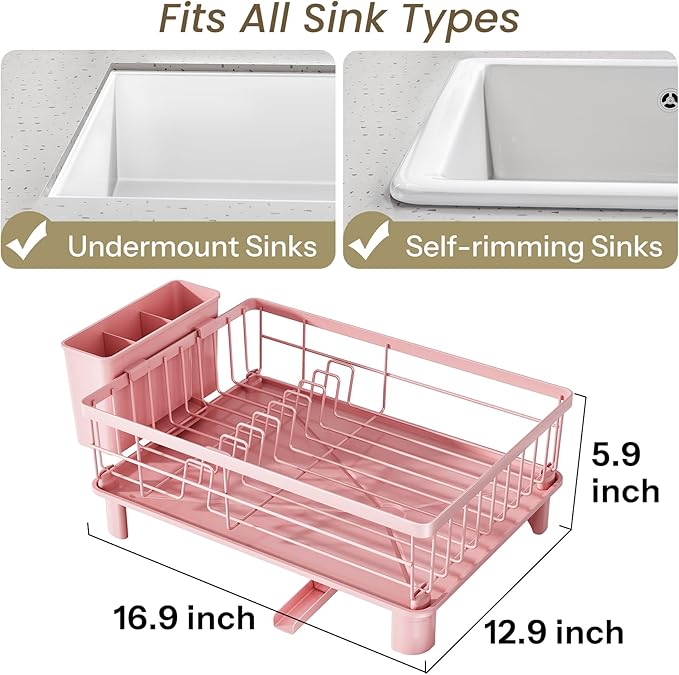 SNTD Dish Drying Rack - Small Dish Rack for Kitchen Counter, Stainless Steel Dish Drainer with Utensil Holder and Drainboard, 12.9" W x 16.9" L (Pink)