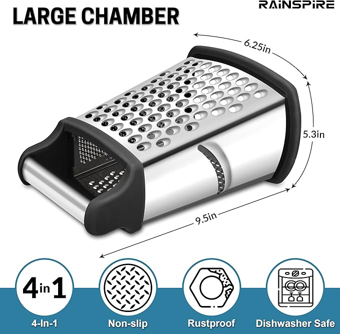 Rainspire Professional Box Grater, Cheese Grater Box for Kitchen Stainless Steel with 4 Sides, Cheese and Spice Graters with Handle for Vegetables, Ginger, Potatoes, Black