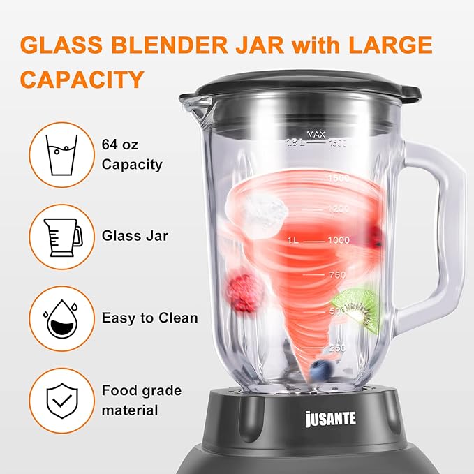 JUSANTE Blender with 64 oz Glass Jar - 1200W High Speed Juicer Blender for Smoothies, Shakes & Frozen Drinks (Black)