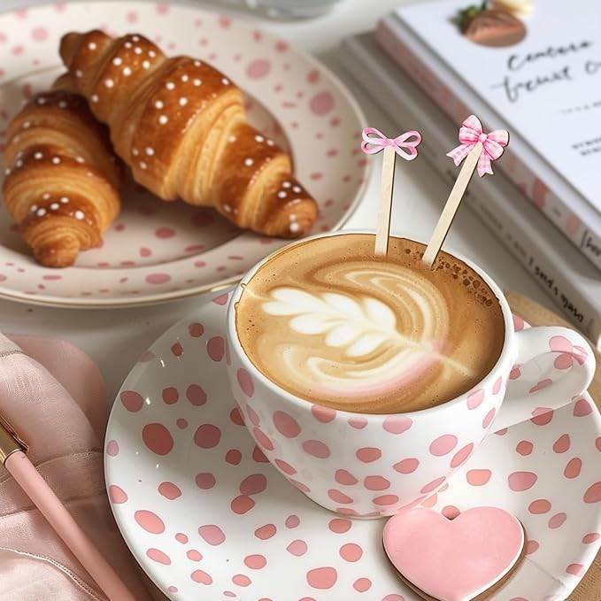 JarThenaAMCS 120Pcs Pink Bow Coffee Stirrers Watercolor Multiple Bowknot Disposable Stir Sticks Wooden Drink Stirrers for Home Office Bar Restaurant Party Supplies