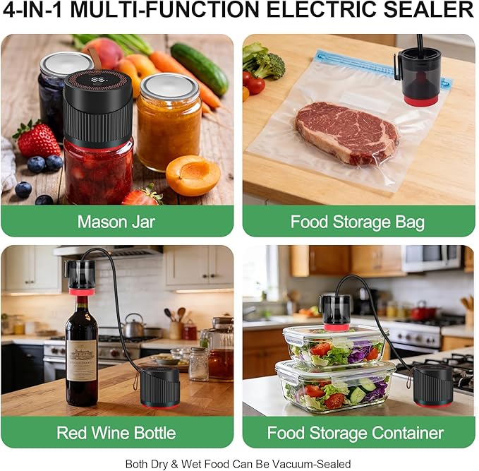 Upgraded 4-in-1Electric Mason Jar Vacuum Sealer Kit for Wide &Regular Mouth Jars,Wine Bottles,Vacuum Bags,Containers,Portable Automatic Canning Vacuum Sealer Machine for Kitchen,RV Travel Food Storage