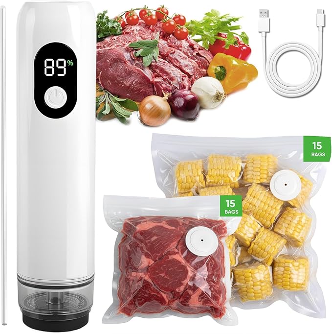 Handheld Vacuum Sealer for Food with Smart Voltage Display, Compact Portable Sealing Machine with 30 Reusable Bags (15 M 8.27×8.66 in, 15 L 10.24×11.02 in) and 2 Bag Clips