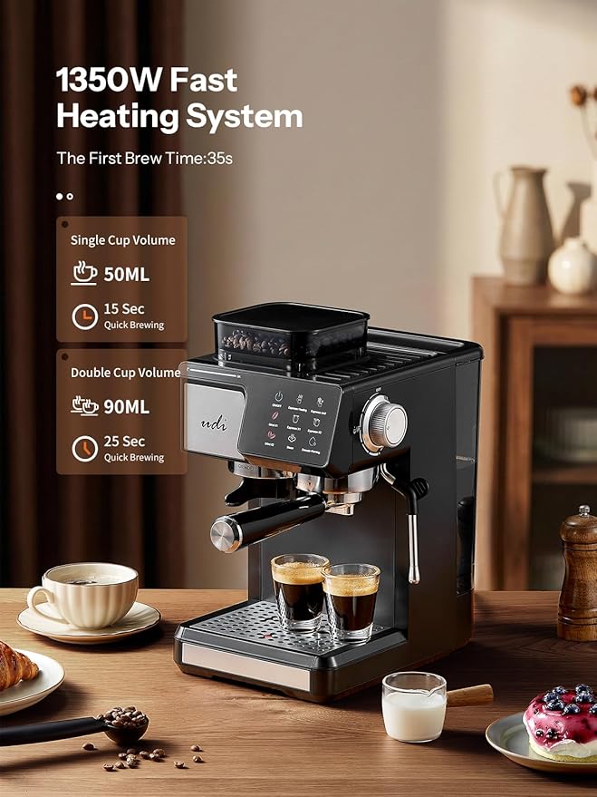UDI 20Bar Espresso Machine with 20 Grind Settings - Touchscreen Control, Auto Grind (Single/Double Cup), Steam & Self-Cleaning, Quick Brew Café-Quality Coffee Maker for Home