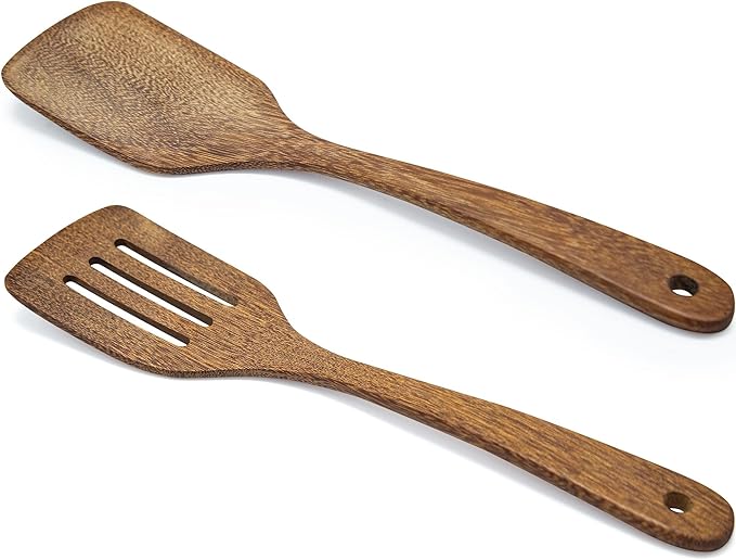 Wooden Spatula for Cooking 12 Inches Wood Spatula Slotted Turner Cooking Utensils for Nonstick Cookware, Kitchen Spatulas for Fish, Eggs, Pancakes, 2 Pack