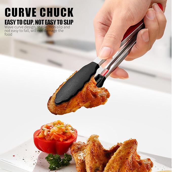 2 Pcs Mini Stainless Steel Food Tongs,7“Size Kitchen Tongs,Tongs for Cooking,Silicone BPA Free Non-Stick BBQ Cooking Grilling Locking (7 inches)