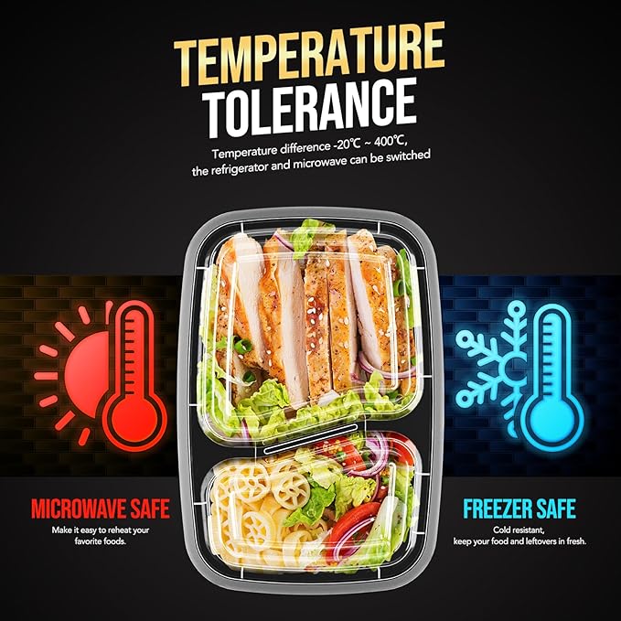 Glotoch Express 300 Pack 32oz Black 2 Compartment Square Meal Prep Containers, Food Storage Containers with Lids for Microwave Dishwasher Freezer Safe