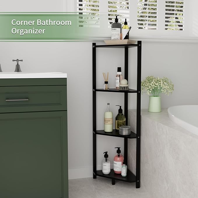 Wisuce Corner Shelf, 100% Real Bamboo Shower Corner Shelves Free Standing Shelf Storage Organizer for Bathroom Living Room Kitchen (Black, 4 Tier)