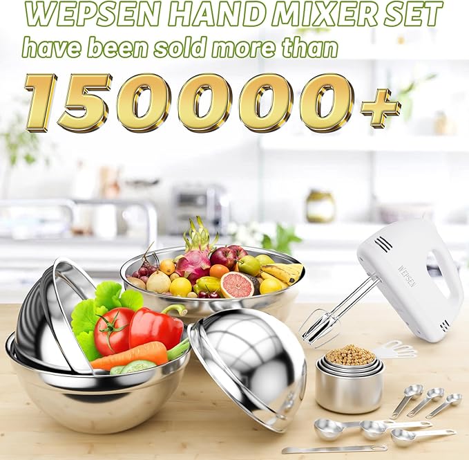 WEPSEN Hand Mixer Electric Mixing Bowls Set, 5 Speeds Handheld Mixer with 4 Nesting Stainless Steel Mixing Bowl, Measuring Cups Spoons 200W Kitchen Blender Whisk Beater Baking Supplies For Beginner