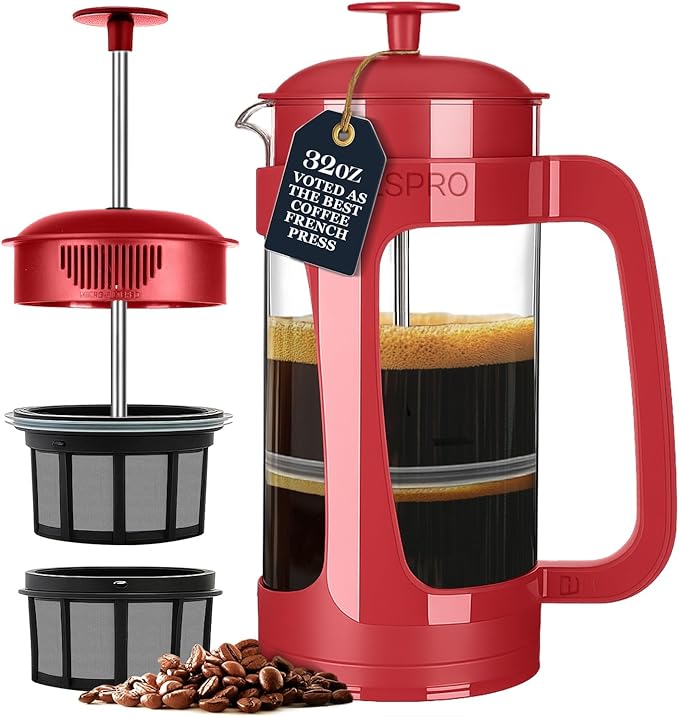 ESPRO Light P3 French Press Coffee Maker – Patented Double Micro-Filter for Grit-Free Brew, Heat Resistant thicker Borosilicate Glass Coffee press – (Red 32 oz)