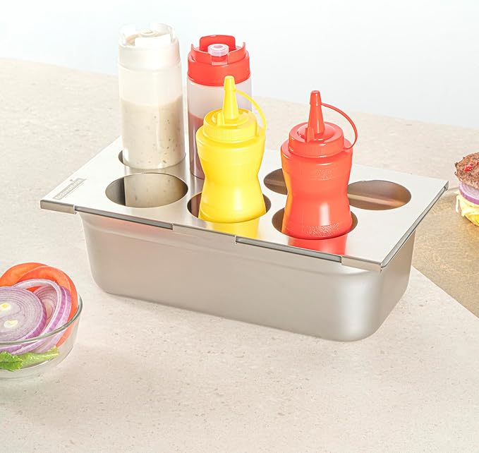Restaurantware Squeeze Bottle Template Pack of 1 Stainless Steel 7 Hole Holder Top, 2.5" and 2.93" Diameter Fits 1/3 Size Food Pans, Dishwasher Friendly Integrated Lip Design Holder Top
