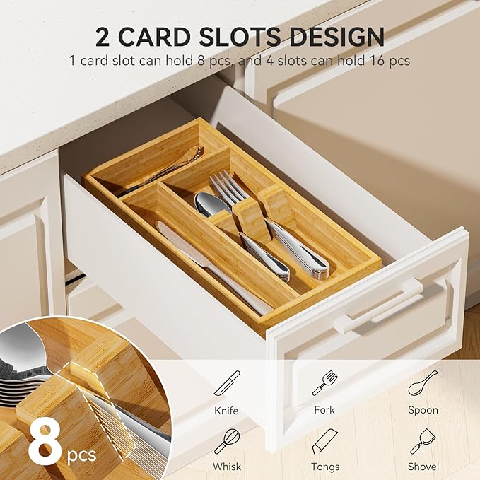 Yofidra Bamboo Silverware Organizer, 12.6 x 6.97 x 1.96 Inches Kitchen Utensil Drawer Organizer, Silverware Tray for Drawer with Fixed Slots for Spoons, Forks & Knives, Natural