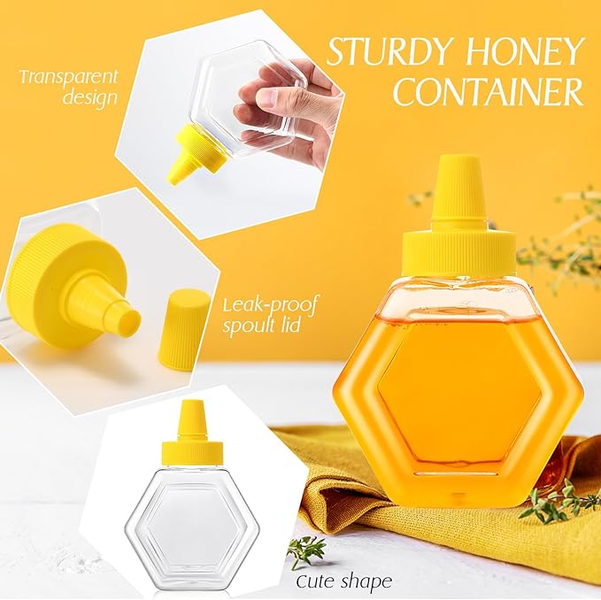 Ziliny 32 Pcs 7 oz Honey Squeeze Bottle Plastic Empty Beehive Bottle Jar with Spout Lid Clear Refillable Honey Containers for Condiment Storing and Dispensing Dispenser (Hexagon)