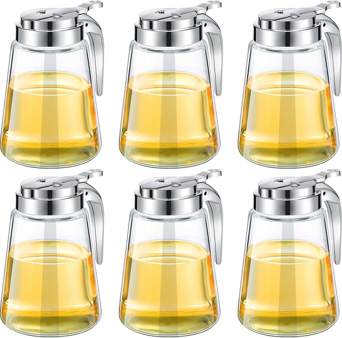 Mimorou Syrup Dispenser Set of 6 Glass Bottle Honey Maple Syrup Pitcher with Retracting Spout Plastic Lid Containers for Restaurants Sugar Pancake Coffee, 12 oz