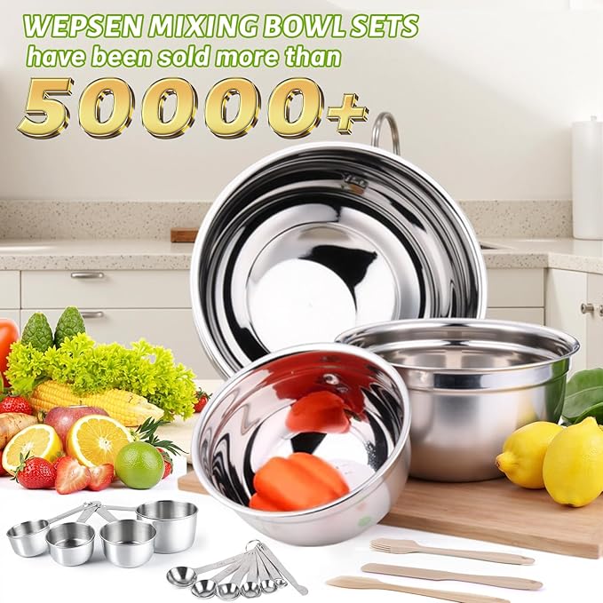 WEPSEN Mixing Bowls Set, 25PCS Khaki Mixing Bowls With Lids Set Stainless Steel Kitchen Large Nesting Metal Bowl 7QT to 1.5QT, Measuring Cups and Spoons for Prepping Cooking Serving