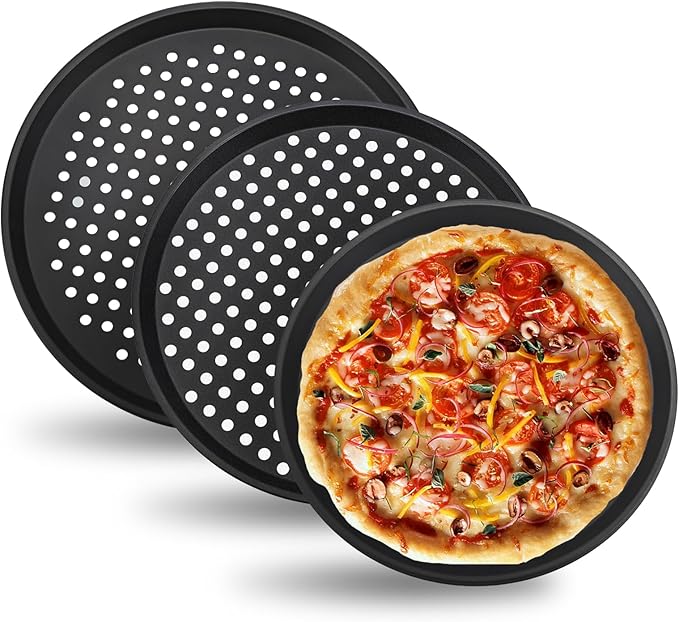 3 PCS Nonstick Pizza Pan with Holes,10/11/12 In Perforated Carbon Steel Pizza Tray for Oven, Round Bakeware Pizza Tray for Home Restaurant Kitchen