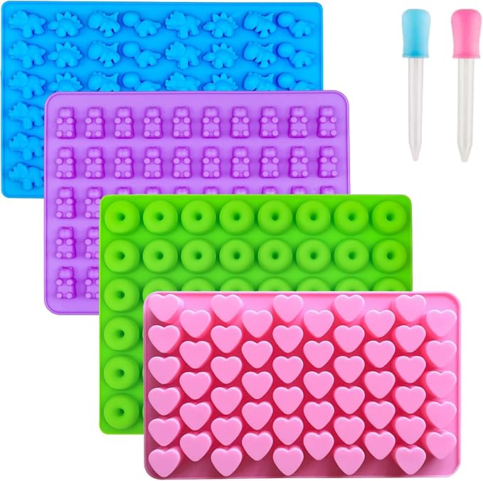 WARM TIME Gummy Bear Candy Molds Silicone, Mini Gummy Molds with 2 Droppers, Food Grade Non-Stick Silicone Molds Including Heart, Dinosaur, Bear, and Donut, Set of 4