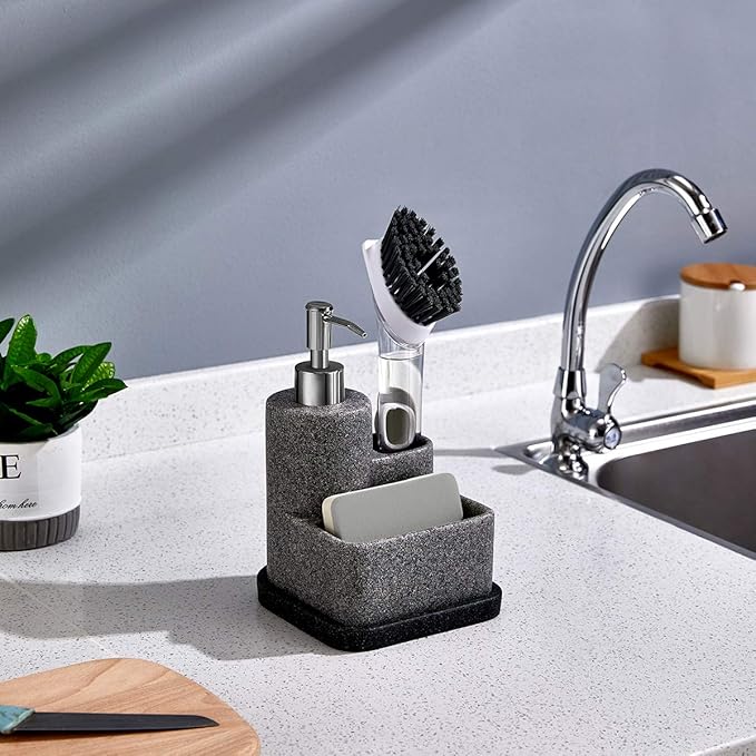 ZCCZ Black Soap Dispenser with Sponge Holder, Kitchen Soap Dispenser Pump, Sponge Caddy and Brush Holder 3 in 1 Set Organizer for Sink Countertop, Removable Tray, Marble Look (Brush NOT Included)