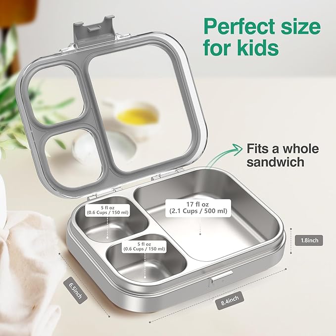 HOMEKOL Stainless Steel Bento Lunch Box, 3-Compartment Leak-Proof Lunch Container for Kids & Adults, BPA/BPS-Free 304 Metal Food Box, Dishwasher Safe, Clear Tritan Lid, Grey (Not Insulated)