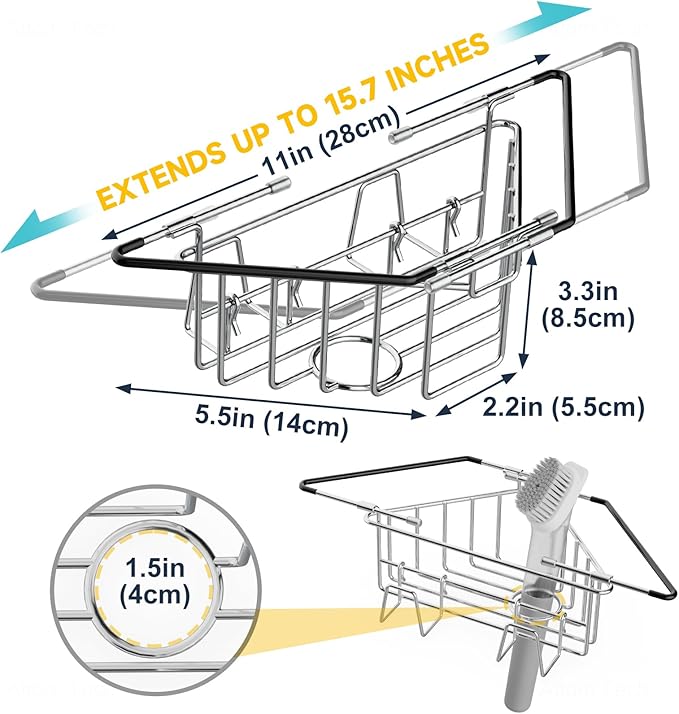 NiHome Extendable Arm Stainless Steel Kitchen Sink Corner Caddy, Easy Install Space-Saving Adjustable Sponge Holder for Most Square Standard Sinks, Non-Slip Rust-Resistant for Brushes, Soap, Sponges