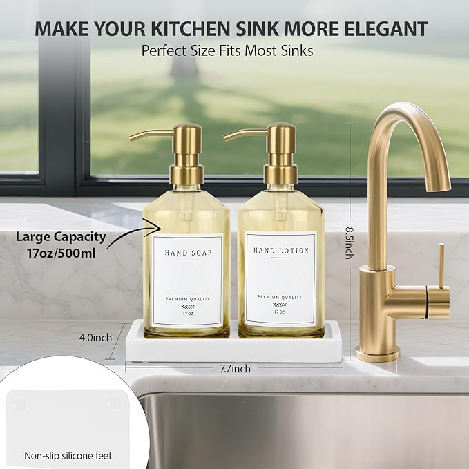 Dish Soap Dispenser for Kitchen, Glass Kitchen Soap Dispenser Set with Stainless Steel Pump, Modern Farmhouse Bathroom Decor & Accessories (Yellow Bottle/Gold Pump)