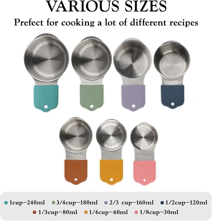 Magnetic Measuring Cups and Spoons Set of 16,Stainless Steel Magnetic Measuring Cups Set 7 and Magnetic Measuring Spoons Set of 8 with Leveler for Dry Liquid Ingredients (7, Colorful)