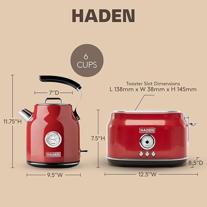 Haden Dorset Wide Slot Stainless Steel 2 Slice Retro Toaster and Dorset 1.7 Liter Stainless Steel Electric Water Kettle, Red