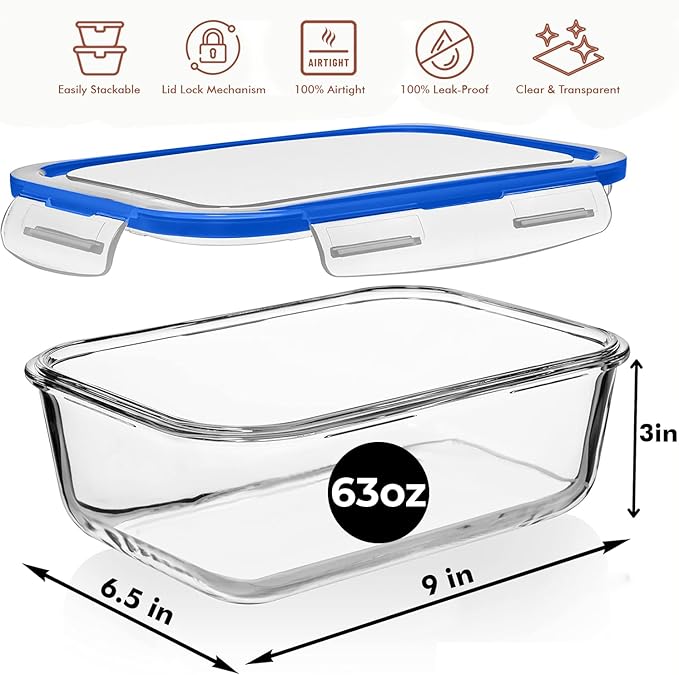 Razab 4 PC 1860ml / 63 Oz / 8 Cups Large Glass Food Storage Containers with Lids - Glass Meal Prep Containers for Roasting & Storing Leftover, Lunch Container with Lids, Microwave & Oven Safe