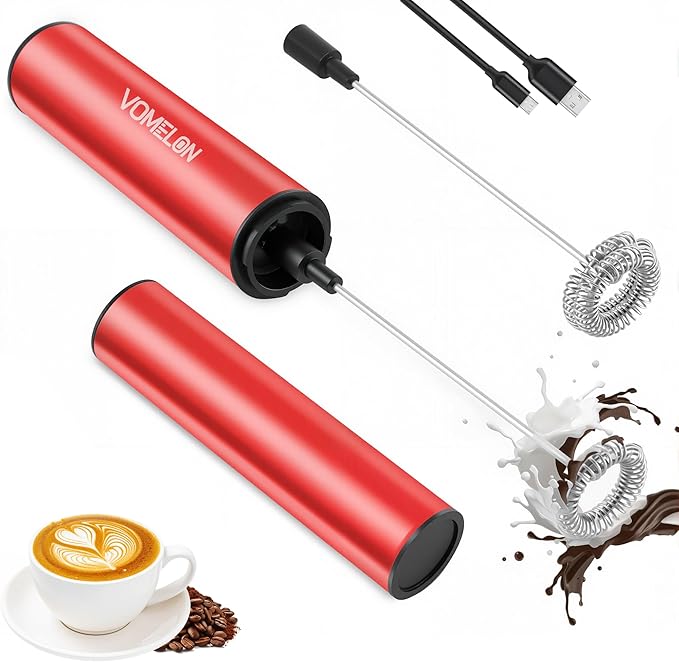 Milk Frother, Rechargeable Battery Operated Frother for Coffee,Portable Drink Mixer with 2 Stainless Steel Whisk Heads,Milk Foamer for Keto Coffee, Latte, Cappuccino, Hot Chocolate,Rube Red