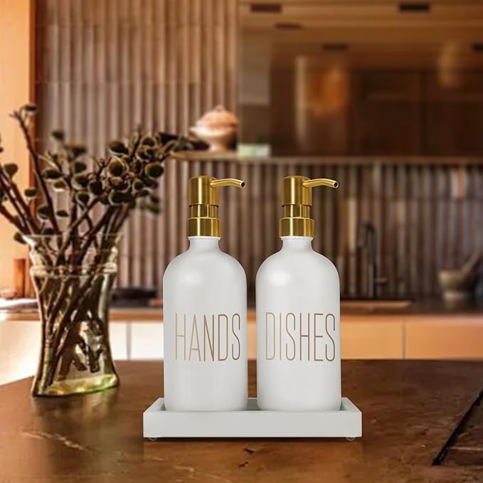 Soap Dispenser Set, Contains Hand Soap Dispenser and Dish Soap Dispenser for Kitchen， Glass Soap Dispenser with Stainless Steel Pump，for Luxury Gold Kitchen Counter Decor，（White）