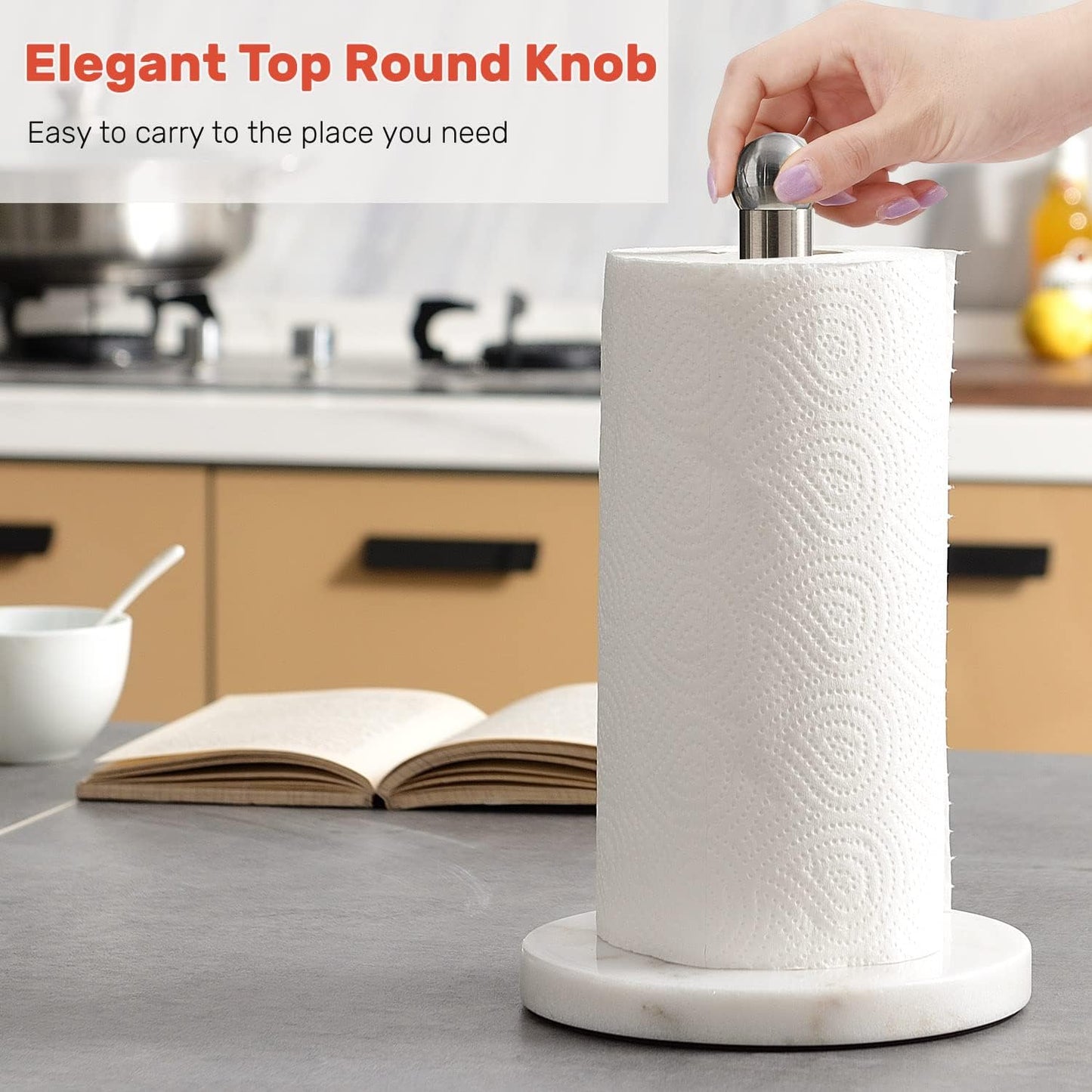 Heavy Weighted Paper Towel Holder, Easy One-Handed Design for Kitchen Stand, Sturdy Base for Standard and Mega Rolls (Silver Brushed)