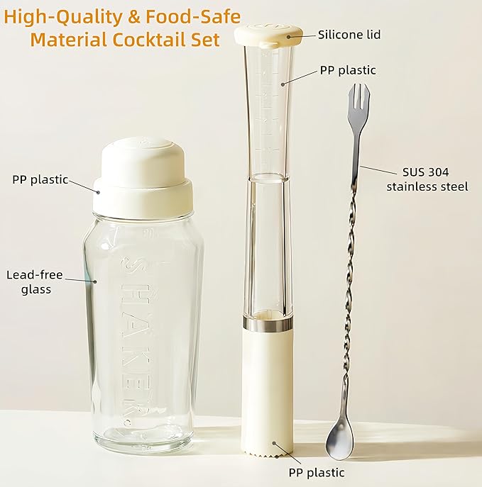 Cocktail Shaker Set-19 oz Glass Martini Shaker with Built-in Strainer，Muddler with Measuring Jigger and Stainless Steel Mixing Spoon, Home Bartender Kit Bar Tool for Margaritas Making, Drinks Mixing
