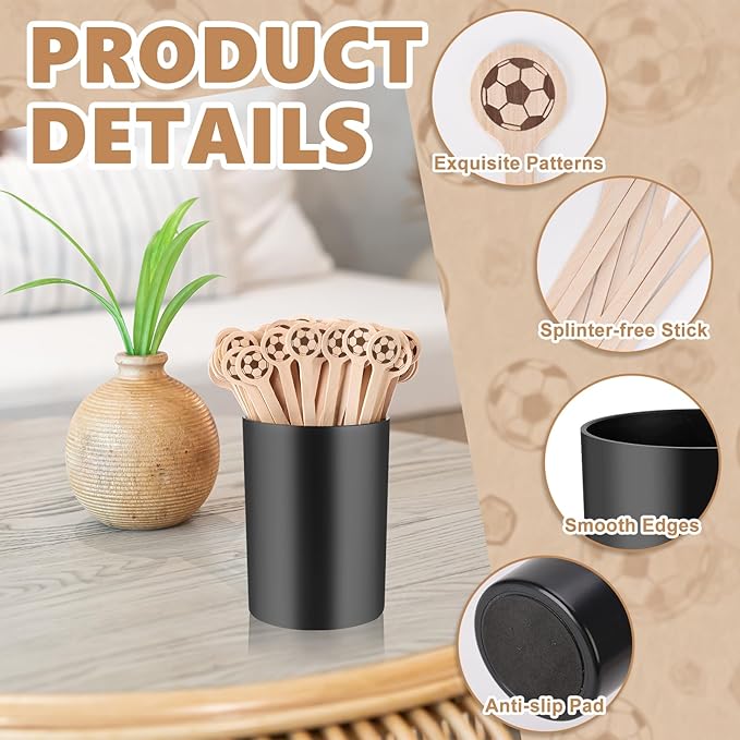 100 Pcs Soccer Coffee Stir Sticks and Holder Coffee Stirrers Wood 6 Inch Soccer Swizzle Sticks Tea Stirrers Disposable Round End Cocktail Stirrers Black Coffee Stirrers Holder for Soccer Party Favors
