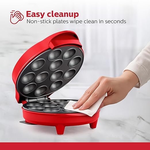 Holstein Housewares 12-Count Cake Pop Maker with Non-Stick Plates & Indicator Lights – Bakes 12 Sweet or Savory Pops Fast, Perfect for Birthday Treats & Holiday Party Snacks, Red
