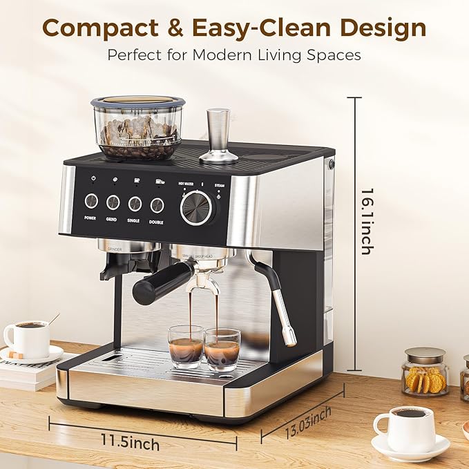 COWSAR 20 Bar Espresso Machine with Grinder & Milk Frother Steam Wand, 58mm Expresso Coffee machines, Commercial Stainless Steel Coffee Maker for Cappuccino and Latte, Perfect for Home Café-Black