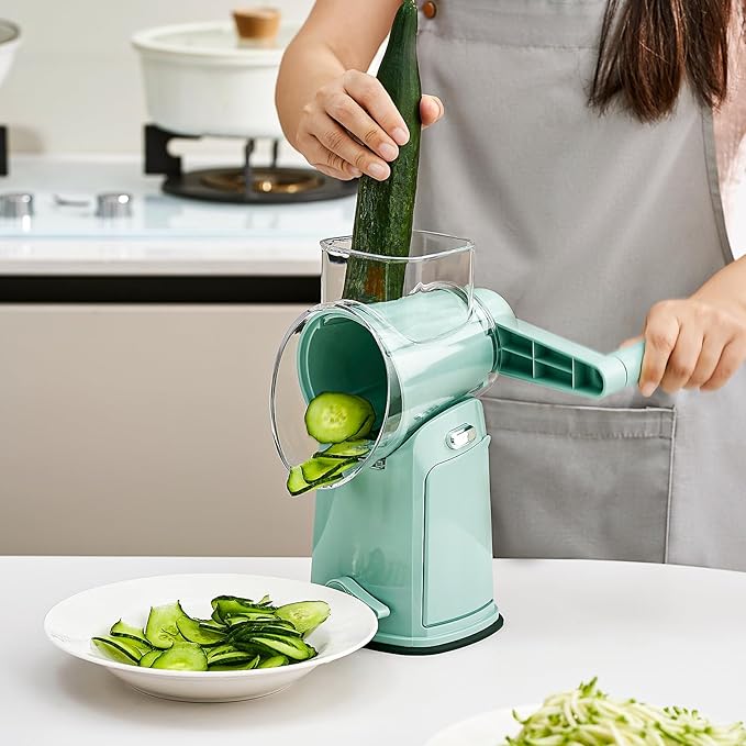 Rotary Cheese Grater Hand Crank, 5 in 1 Mandoline Vegetable Slicer - 5 Sets of Blades,Strong Suction Base&Easy to Clean - Kitchen Cheese Grater Shredder with Handle for Fruit,Vegetable,Nuts