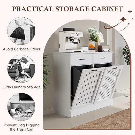 Double Tilt-Out Trash Can Cabinet, 2x13 Gallons Hidden Garbage, Hidden Kitchen Trash Cabinet with Storage Drawer, Pet-Proof Wooden Garbage & Recycling Cabinet for Kitchen, Laundry & Living Room, White