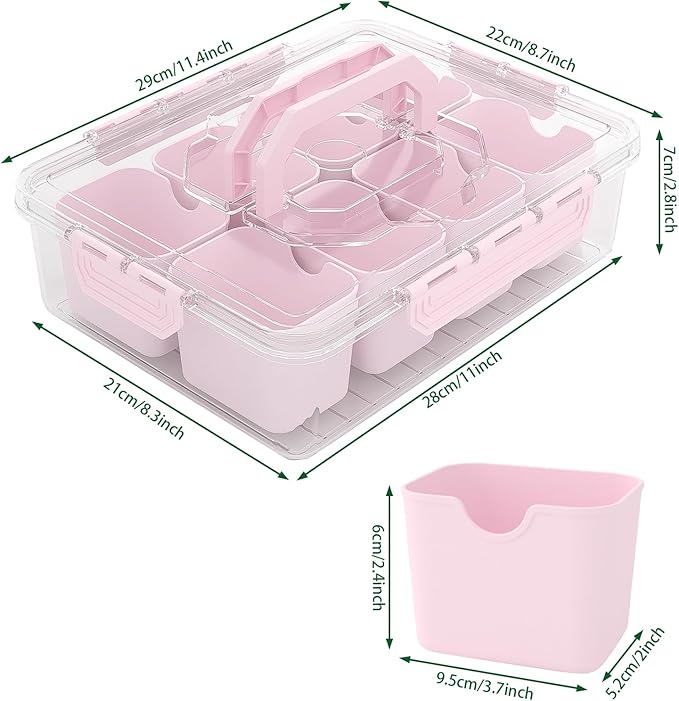 REBECAT Divided Serving Tray with Lid and Handles 8 Compartments Snack Box Container Charcuterie Organizer Snackle Box Container for Candy,Nuts，Fruits,Snacks,2 Pack,Pink